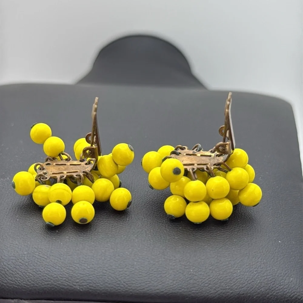 Vintage bright cheery yellow cha cha beaded clip on statement bold fun earrings
